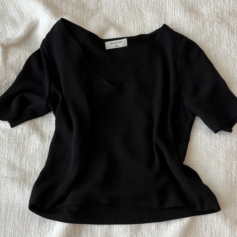 Aritzia Babaton Black V-Neck Short Sleeve Blouse